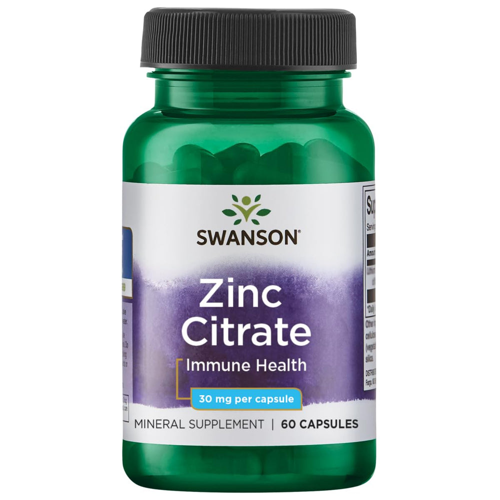 Swanson Zinc (Citrate) 30 mg bottle showcases compact capsules for daily immune and antioxidant support.