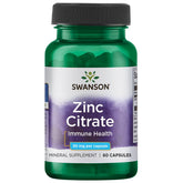 Swanson Zinc (Citrate) 30 mg bottle showcases compact capsules for daily immune and antioxidant support.
