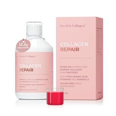 Swedish Collagen Repair bottle label highlights high-dose marine collagen for skin and hair support.