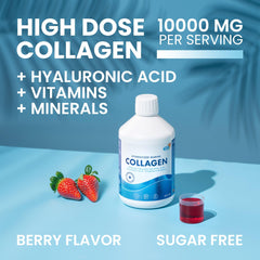 Close-up of Swedish Nutra collagen liquid bottle label with natural berry flavor