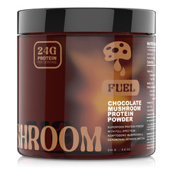 Sweet Shroom chocolate vegan pea protein powder jar for smooth shakes and daily energy