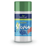 Frasco SweetLeaf Stevia en polvo, vista frontal, endulza sin calorías.