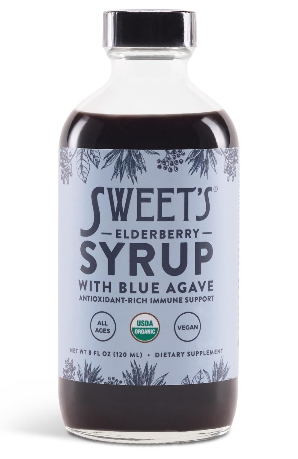 Sweet's Elderberry syrup bottle with blue agave for daily immune support flavor.