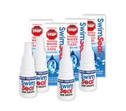 SwimSeal Family 4-Pack bottle front showing alcohol-free ear drops for daily water exposure.