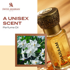 Swiss Arabian Gharaam close-up highlighting amber and musk for evenings.