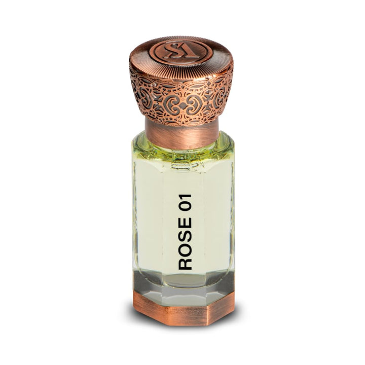 Swiss Arabian Rose 01 bottle close-up, premium rose perfume oil for daily wear.