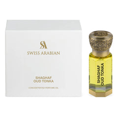 Swiss Arabian Shaghaf Oud Tonka bottle highlights orange blossom heart for lasting allure.