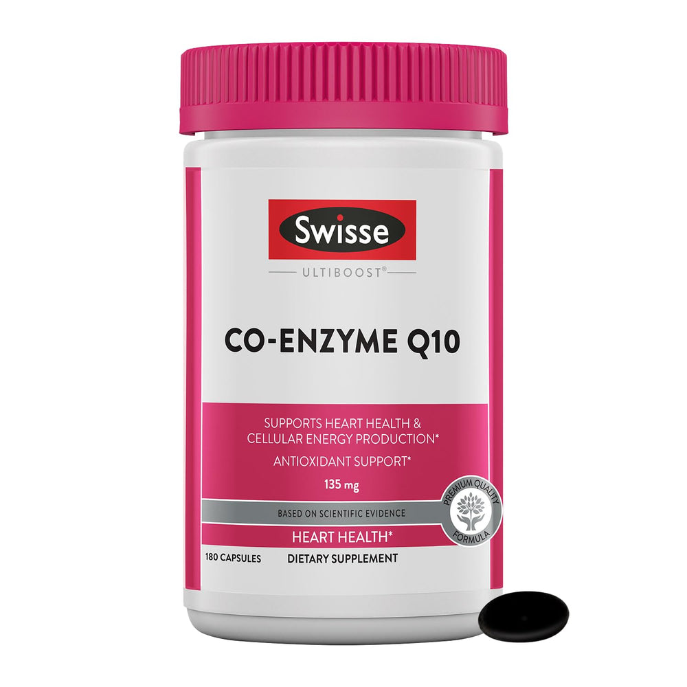Swisse CoQ10 bottle front supports daily energy and heart-friendly routines.