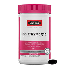 Swisse CoQ10 bottle front supports daily energy and heart-friendly routines.