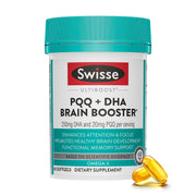 Swisse PQQ DHA Brain Booster bottle shown for daily focus support.