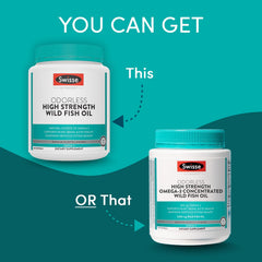 Close-up of Swisse Wild Fish Oil softgels illustrating odorless capsules