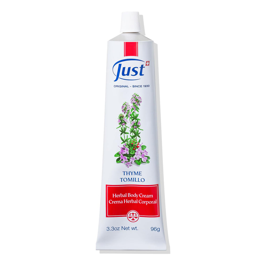 SwissJust Thyme Cream 96g jar for soothing massage and aromatherapy benefits.