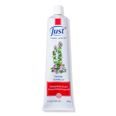 SwissJust Thyme Cream 96g jar for soothing massage and aromatherapy benefits.