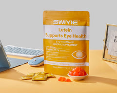 Swiyie Lutein Gummies panel showing lutein and vitamins for antioxidant support.
