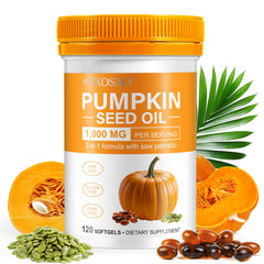 SXOSXO pumpkin seed oil softgels bottle for daily hair vitality and potential urinary support.