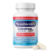 Symbiotics Colostrum bottle of 60 capsules for easy immune support.