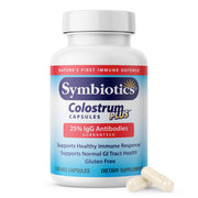 Symbiotics Colostrum bottle front with gluten-free immune support appeal.