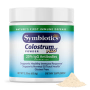Symbiotics Colostrum Plus powder bottle promoting daily immune support