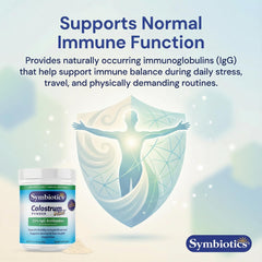 Symbiotics Colostrum Plus powder swirl reveals texture and mixability.