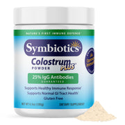 Symbiotics Colostrum Plus Powder tub front showing gluten-free daily immunity support