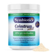 Symbiotics Colostrum Plus tub closeup highlighting premium powder for immune support.