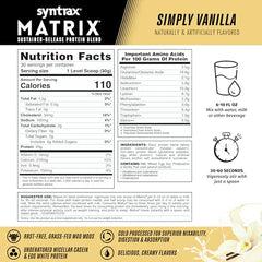 Close look at Syntrax Matrix ingredients including whey, casein, and egg white proteins.