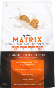 Syntrax Matrix Peanut Butter Cookie bottle front showing premium protein blend for recovery
