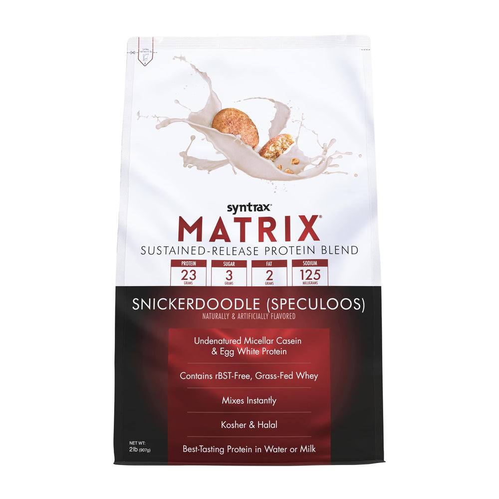 Syntrax Matrix Snickerdoodle tub showing sustained-release protein concept and real cookie pieces.