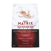Syntrax Matrix Snickerdoodle tub showing sustained-release protein concept and real cookie pieces.