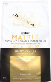 Syntrax Matrix bottle illustrating sustained-release protein for steady daily nutrition.