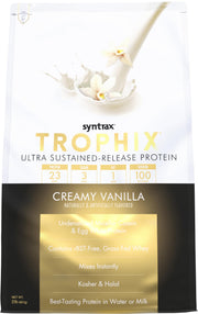 Syntrax Trophix creamy vanilla powder bottle for smooth post-workout shakes.