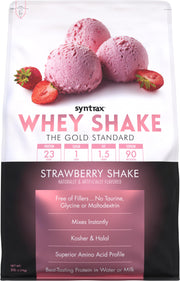 Syntrax Whey Shake strawberry pour highlights quick, delicious protein for post workout recovery.