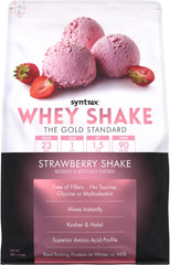 Syntrax Whey Shake strawberry pour highlights quick, delicious protein for post workout recovery.