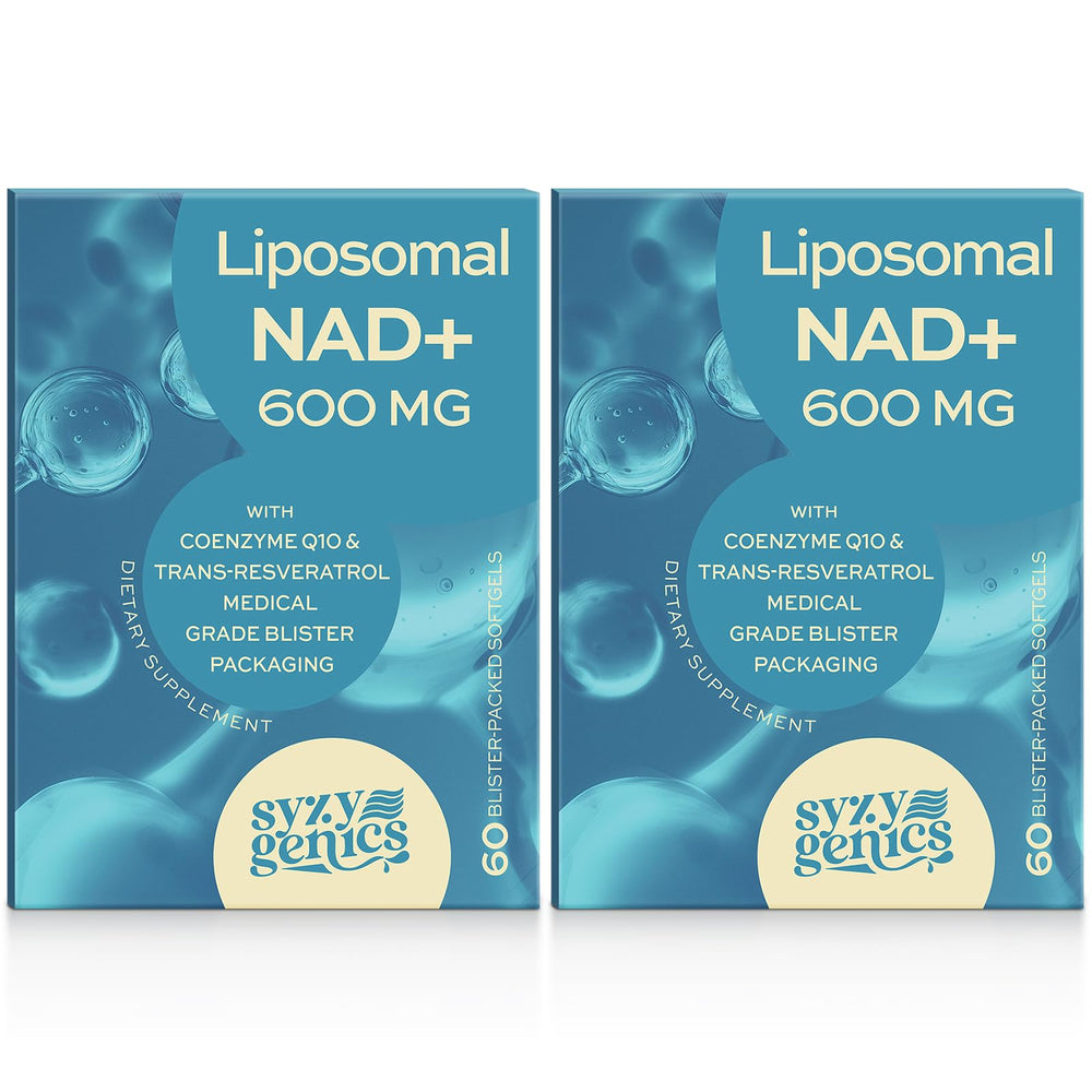 SYZY GENICS NAD+ 600mg softgels with liposomal delivery for enhanced absorption.