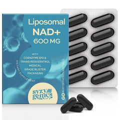 SYZY GENICS NAD+ bottle front view highlights the 1600mg formula for energy support.
