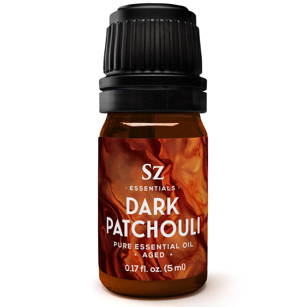 Sz Essentials Dark Patchouli bottle in amber glass for premium aromatherapy.