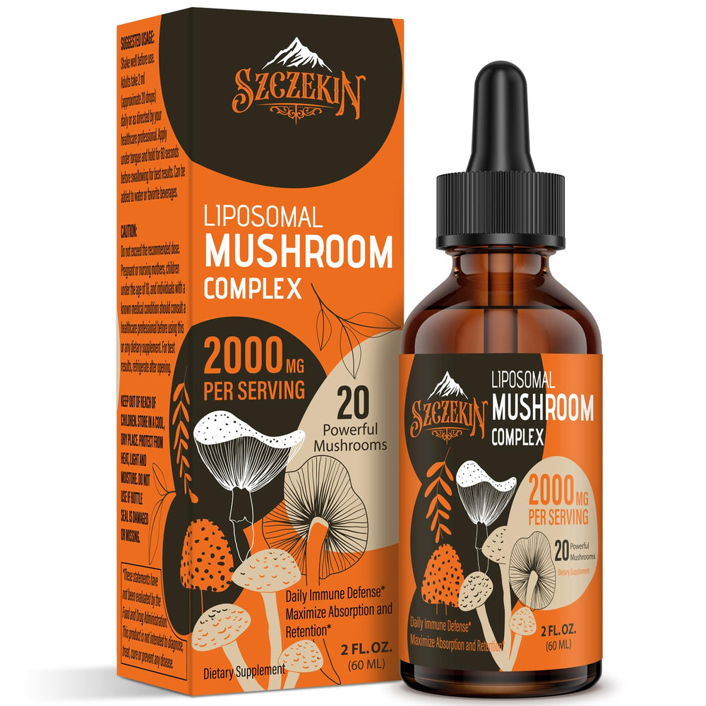 SZCZEKIN Liposomal Mushroom Drops bottle being poured for easy daily use and enhanced absorption