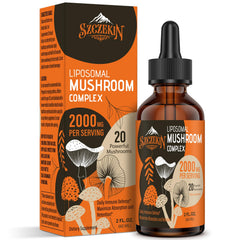 SZCZEKIN Liposomal Mushroom Drops bottle being poured for easy daily use and enhanced absorption