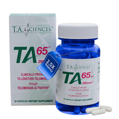 TA-65 bottle highlights patented extraction for maximum bioavailability.
