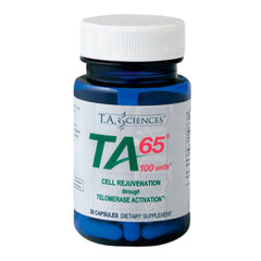 TA Sciences TA65 bottle label close-up – premium formulation details for informed use.