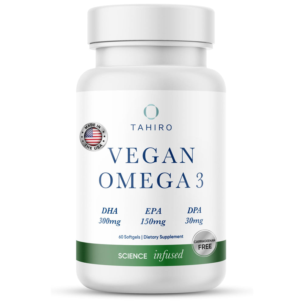 TAHIRO vegan omega-3 softgels bottle front for daily brain support
