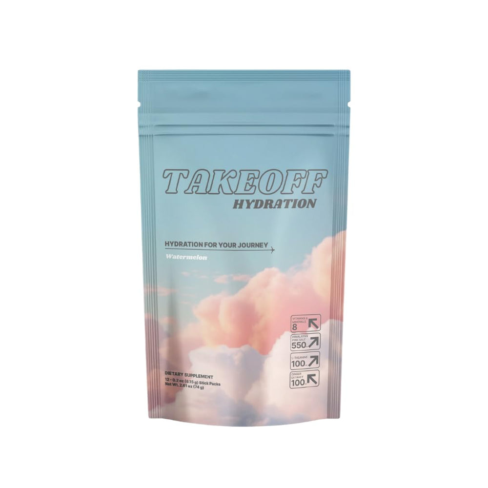 Takeoff Hydration Watermelon stick pack dissolves quickly for on-the-go flight hydration.
