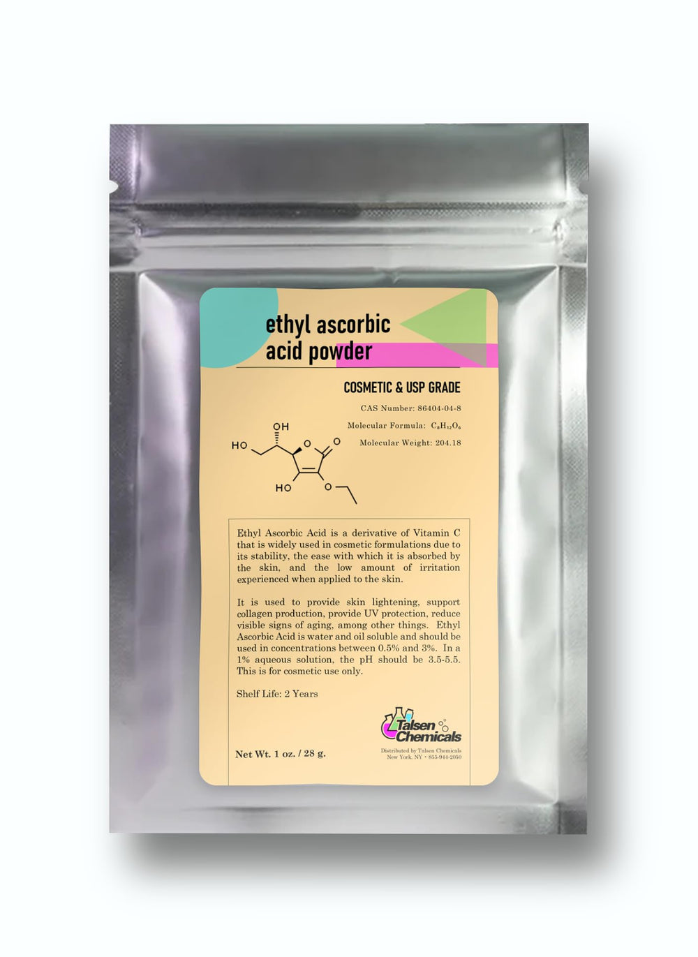 Talsen Chemicals Ethyl Ascorbic Acid Powder bottle shows stable vitamin C.