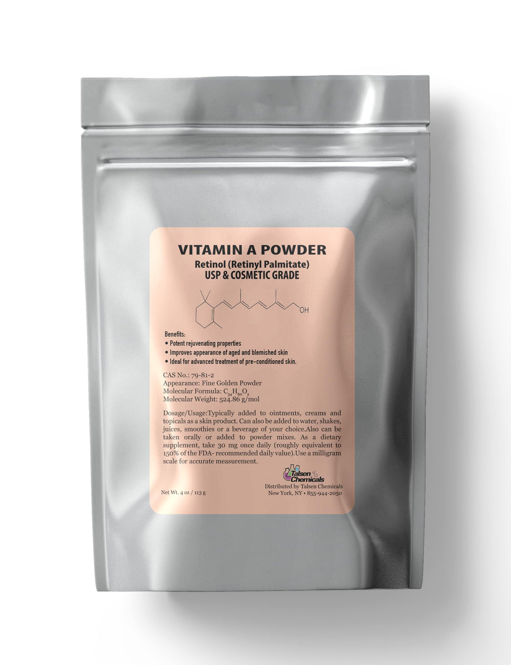 Talsen Chemicals Vitamin A powder bottle closeup perfect for cosmetic formulations.