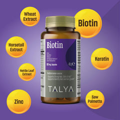 Talya Biotin capsules close-up, high-potency 2500 mcg formula for hair and nails.
