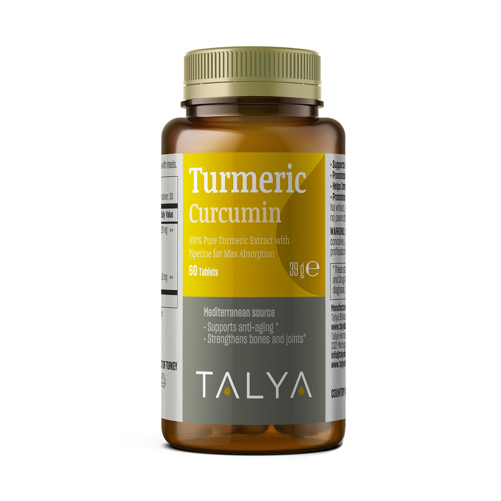 TALYA Turmeric Curcumin bottle highlights high potency for joint support.