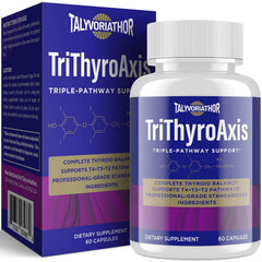 Talyvoriathor TriThyroAxis bottle close-up shows premium thyroid support capsules