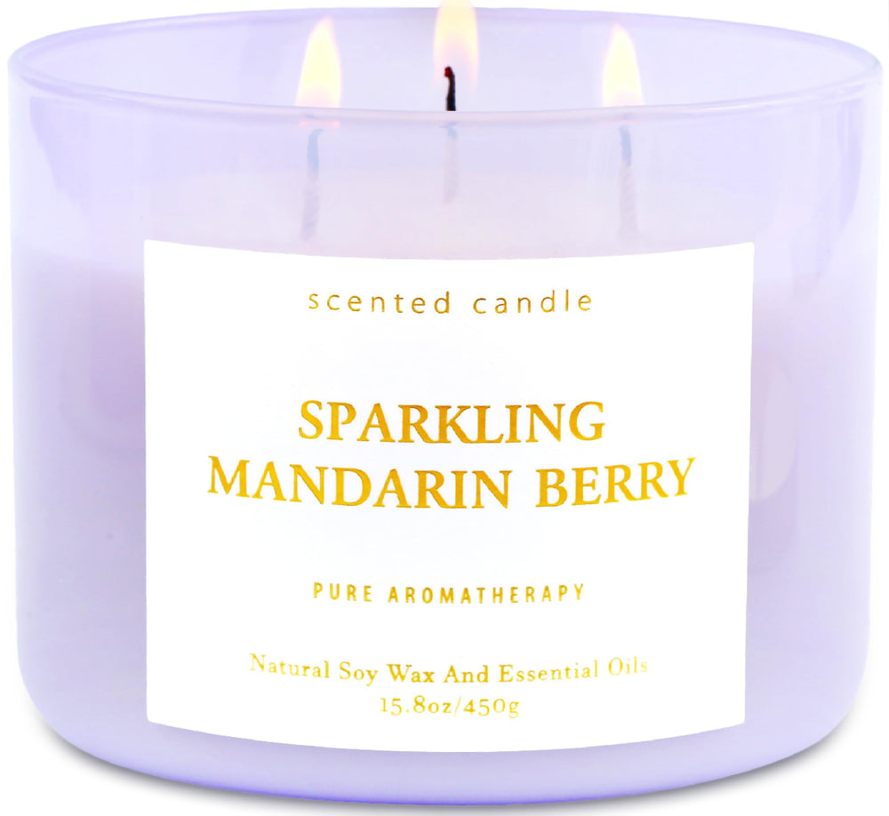 T&H Sparkling Mandarin Berry candle label close-up showing premium branding and fresh citrus notes.