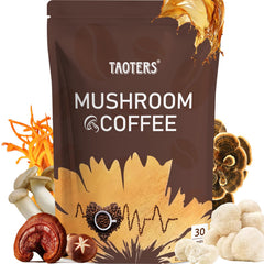 TAOTERS Mushroom Coffee package showing premium Arabica blend for daily energy.