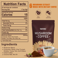 TAOTERS Mushroom Coffee pour cup shows ready-to-drink energy and morning focus.